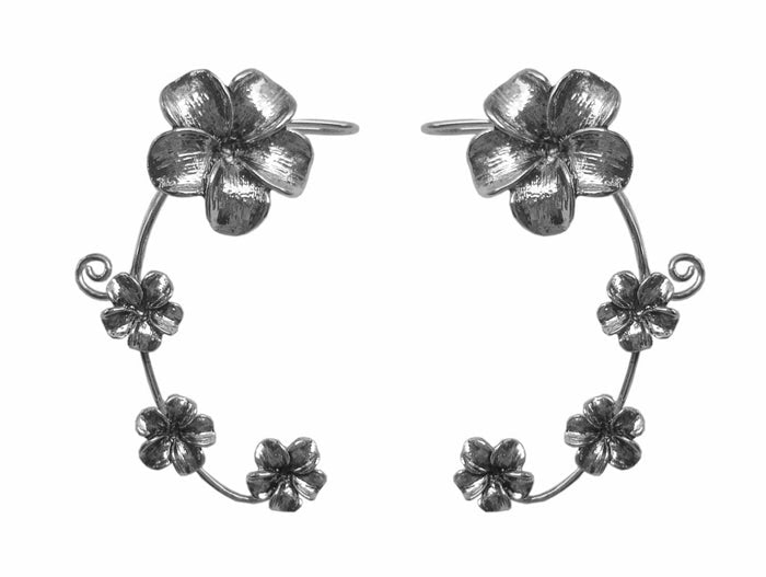 silver plumeria flower elf ear cuff earrings non piercing floral ear wrap jewelry front view