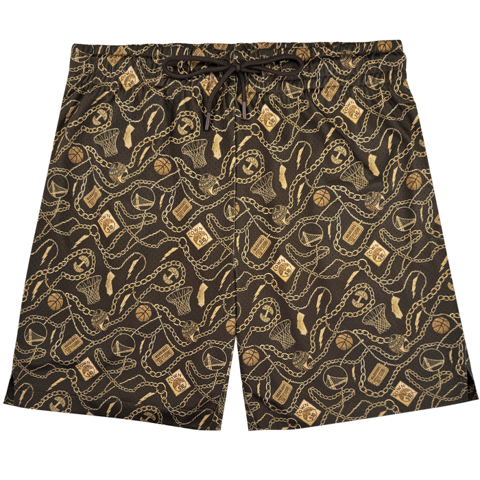 The All Gold Forever Shorts by Other feature a drawstring waist and are adorned with an intricate gold and tan pattern of basketballs, hoops, chains, playing cards, and sneakers—all overlapping on crisp white fabric. Part of the exclusive Warriors x Oaklandish Town Collection celebrating the Golden State Warriors, these bold shorts make a standout statement.
