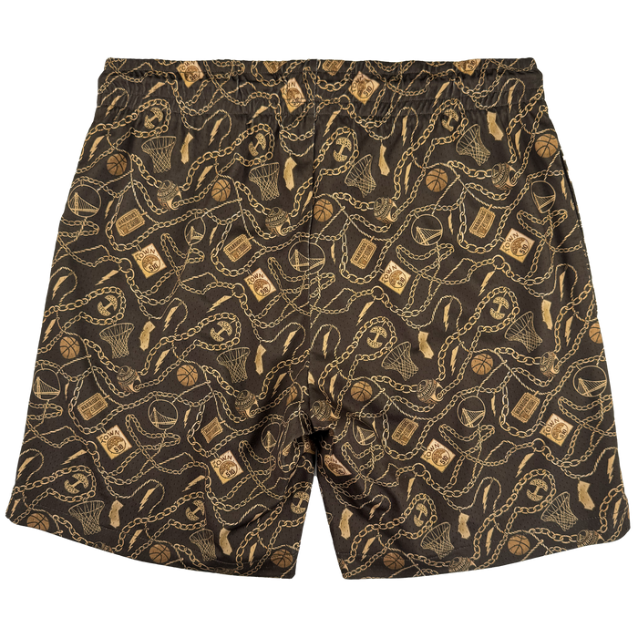 The All Gold Forever Shorts by Other feature an all-over print of gold chains, basketballs, sneakers, whistles, and boomboxes. As part of the exclusive Warriors x Oaklandish Town Collection, these black shorts showcase a dense pattern celebrating Golden State Warriors style. Designed with an elastic waistband, the shorts are displayed flat against a white background.