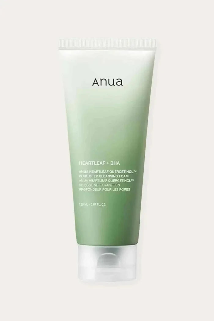 Anua Heartleaf Quercetinol Pore Deep Cleansing Foam tube, recognized as a best face wash for acne due to its deep pore purifying formula.