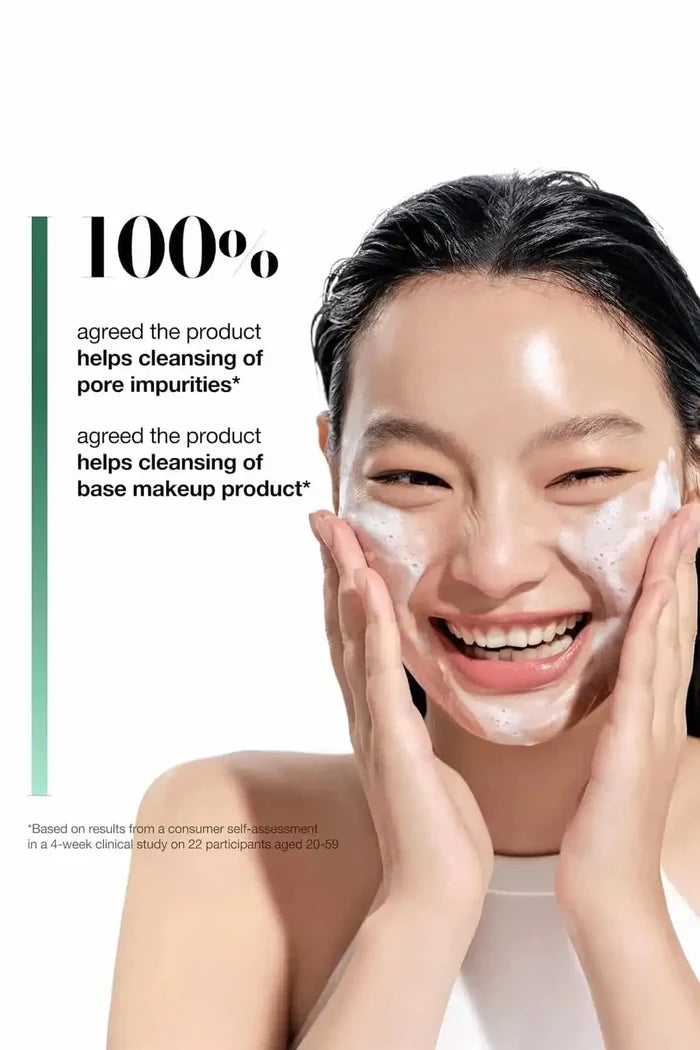 Model with creamy lather showing 100% satisfaction in pore impurity cleansing, perfect as the best face wash for acne routines.