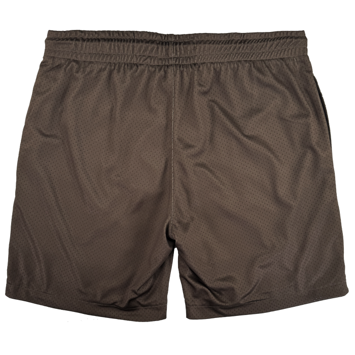 Arched Black-Letter Shorts by Other in brown, featuring an elastic waistband and a central back seam. Part of the Town Collection, these shorts are made from subtly dotted textured fabric and are shown flat from the back. They have no logos or extra design elements, displayed against a plain white background.