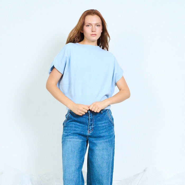 Batwing short-sleeve knitted sweater with ribbed hem wholesale