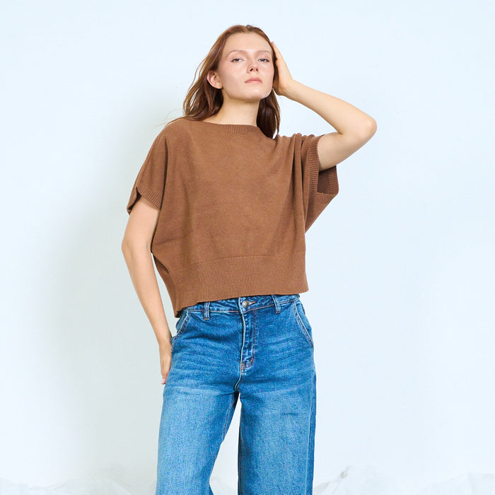 Batwing short-sleeve knitted sweater with ribbed hem wholesale