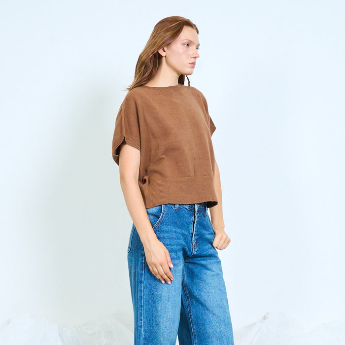 Batwing short-sleeve knitted sweater with ribbed hem wholesale