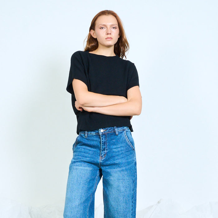 Batwing short-sleeve knitted sweater with ribbed hem wholesale