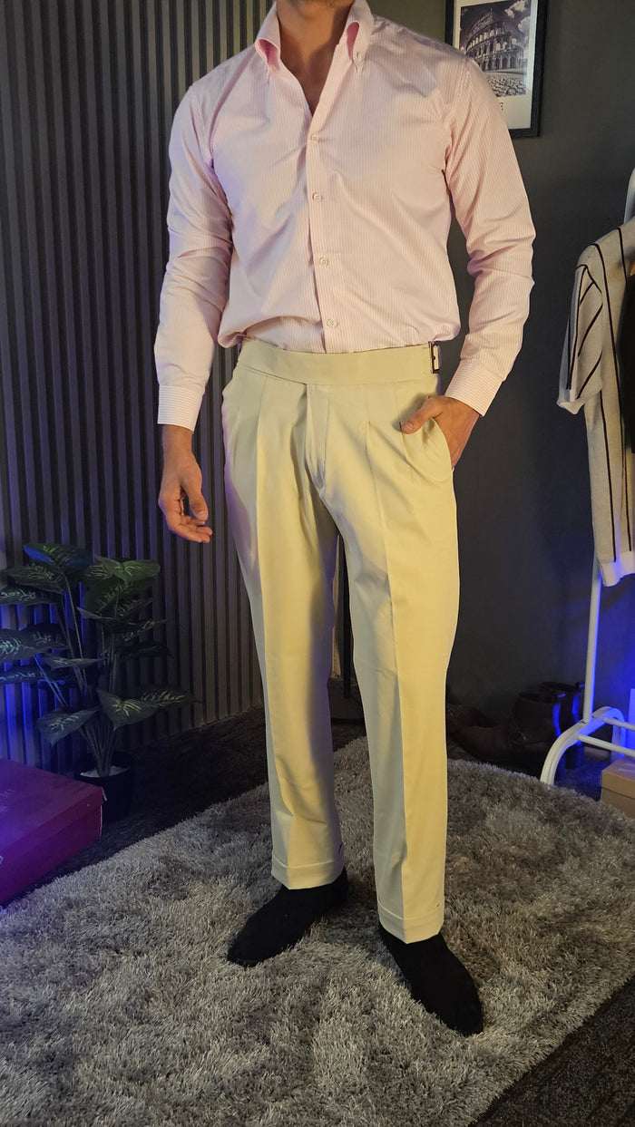 Beige Classic Buckle Gurkha Pant × Crepe Stripe One Piece Collar Shirt