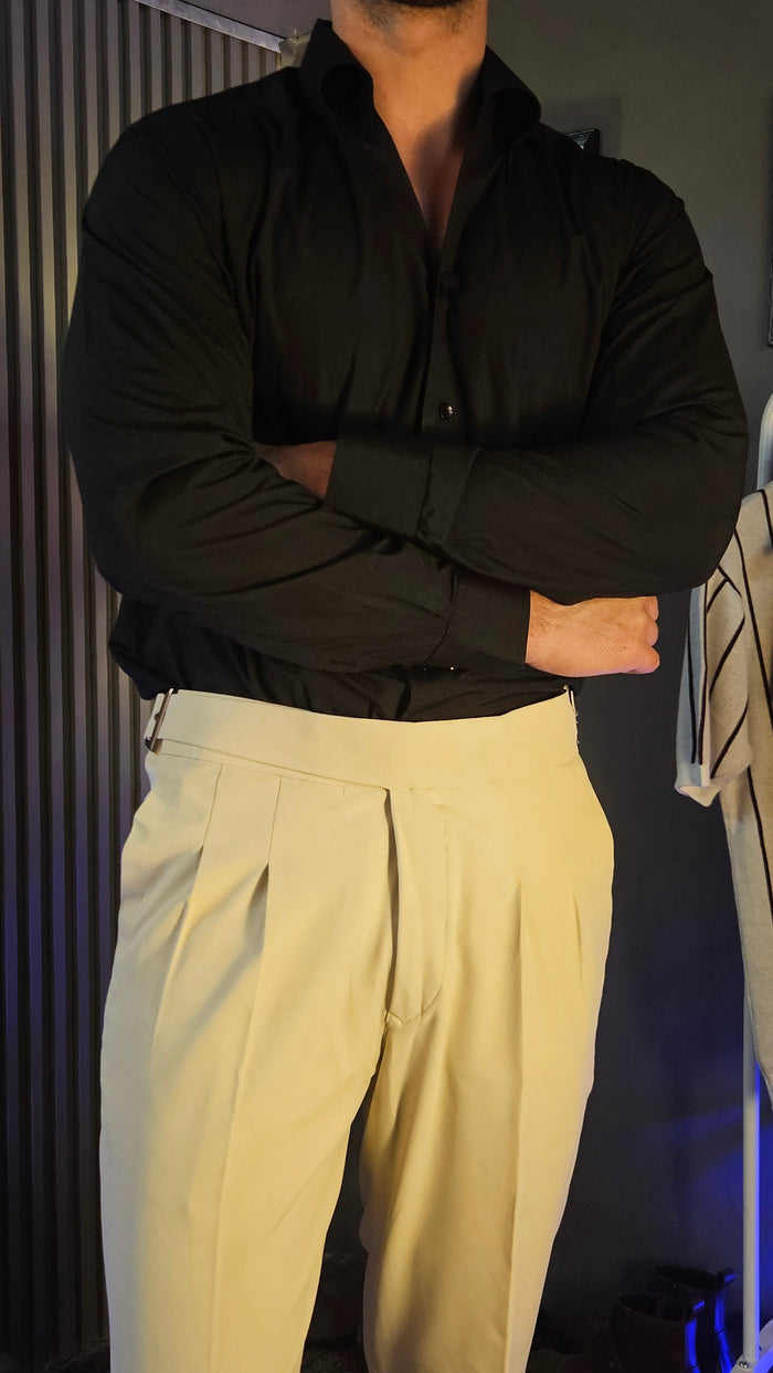 Beige Classic Buckle Gurkha Pants × Black Button-Down Shirt