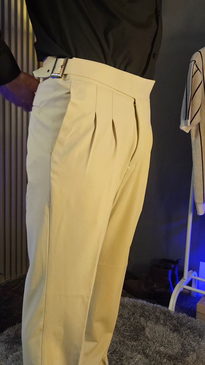 Beige Classic Buckle Gurkha Pants × Black Button-Down Shirt