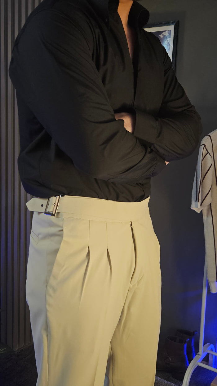 Beige Classic Buckle Gurkha Pants × Black Button-Down Shirt