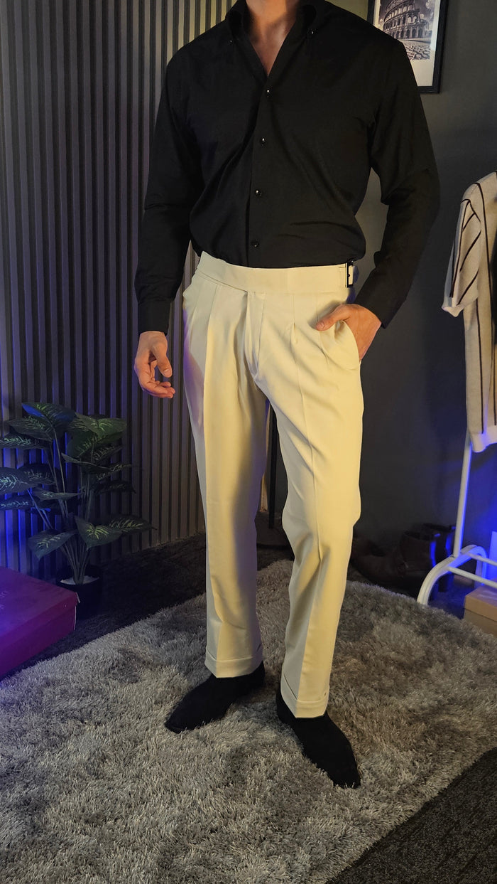 Beige Classic Buckle Gurkha Pants × Black Button-Down Shirt
