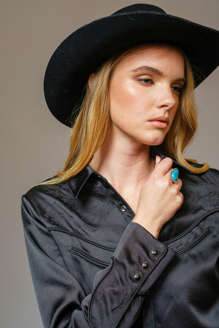 Black Satin Western Embroidered Snap Shirt