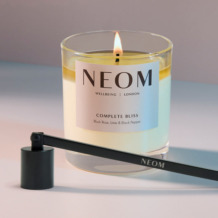 NEOM Complete Bliss scented candle with candle snuffer for luxury home fragrance and care