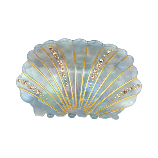 Blue-gray acetate shell-shaped claw clip decorated with sparkling rhinestones.