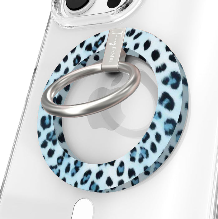 Blue Ice Leopard pattern MagSafe phone grip ring with black and teal leopard spots on a light blue background compatible with iPhone and Samsung
