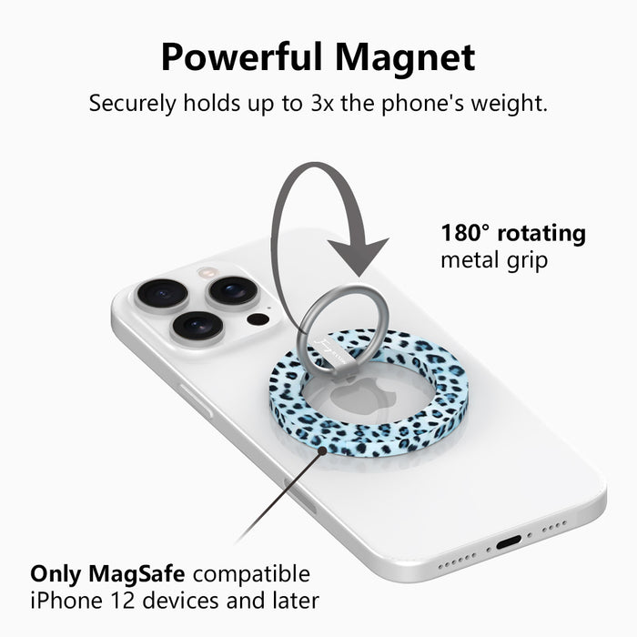 Blue Ice Leopard pattern MagSafe phone grip ring with black and teal leopard spots on a light blue background compatible with iPhone and Samsung