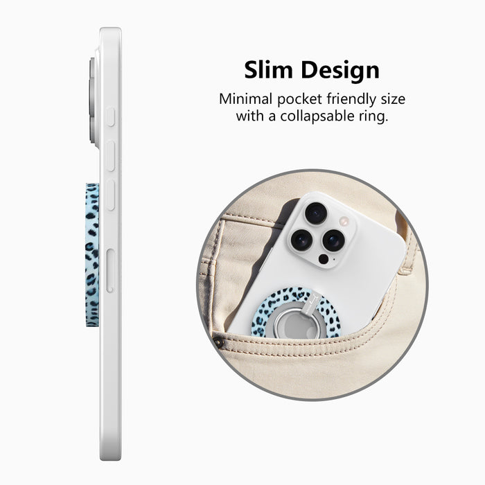 Blue Ice Leopard pattern MagSafe phone grip ring with black and teal leopard spots on a light blue background compatible with iPhone and Samsung