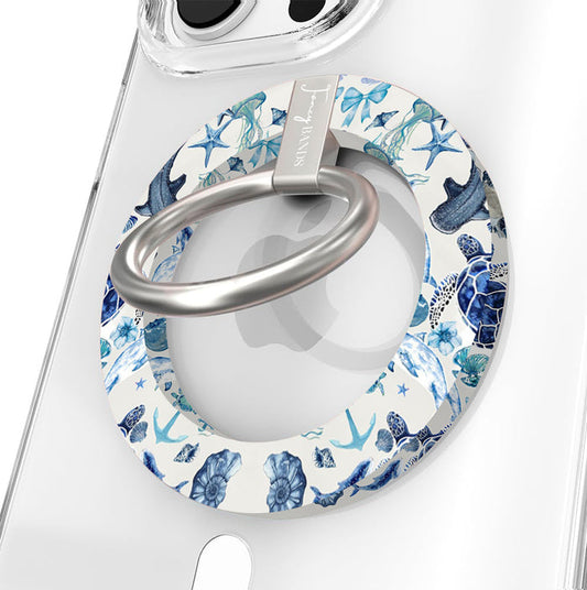 Blue Lagoon nautical watercolor MagSafe phone grip ring with sea turtles, whales, and jellyfish in shades of blue on a white background compatible with iPhone and Samsung