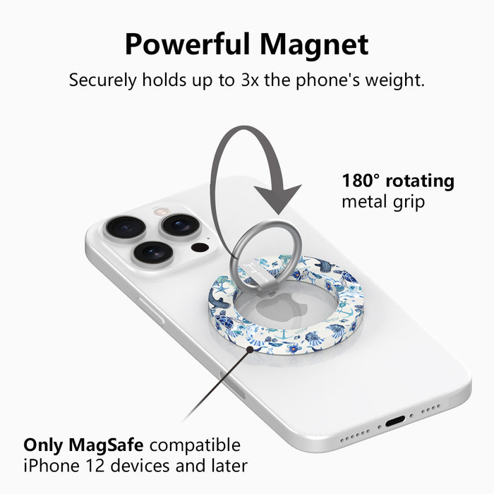 Blue Lagoon nautical watercolor MagSafe phone grip ring with sea turtles, whales, and jellyfish in shades of blue on a white background compatible with iPhone and Samsung
