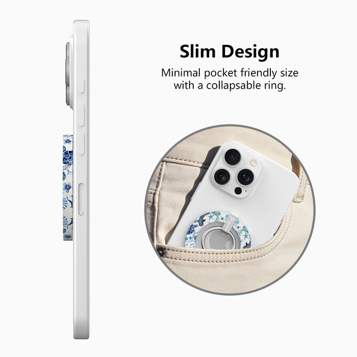 Blue Lagoon nautical watercolor MagSafe phone grip ring with sea turtles, whales, and jellyfish in shades of blue on a white background compatible with iPhone and Samsung