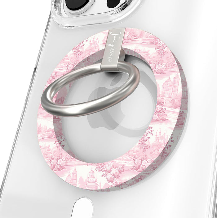 Blush Manor pink toile landscape pattern MagSafe phone grip ring with vintage houses and trees compatible with iPhone and Samsung