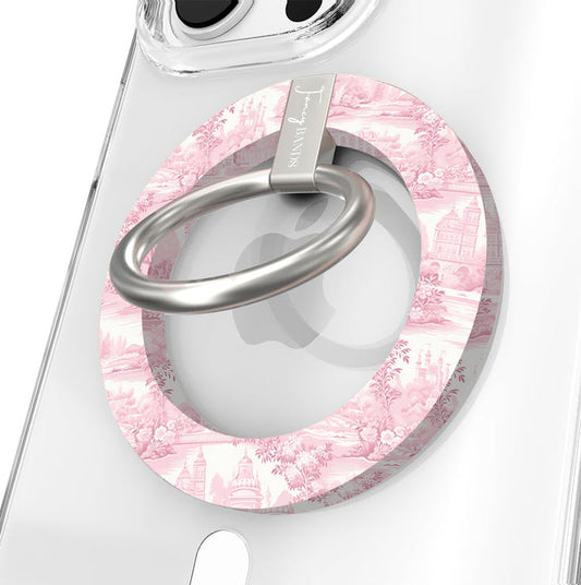 Blush Manor pink toile landscape pattern MagSafe phone grip ring with vintage houses and trees compatible with iPhone and Samsung