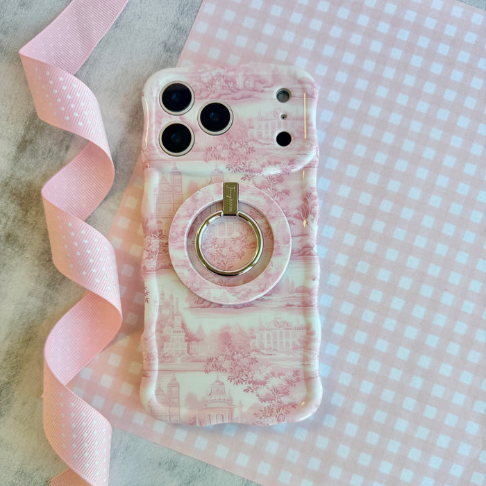Blush Manor pink toile landscape pattern MagSafe phone grip ring with vintage houses and trees compatible with iPhone and Samsung