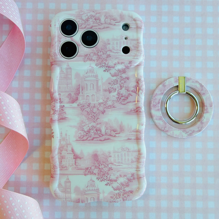 Blush Manor pink toile landscape pattern MagSafe phone grip ring with vintage houses and trees compatible with iPhone and Samsung