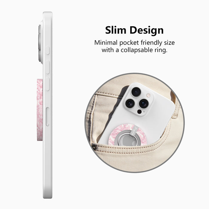 Blush Manor pink toile landscape pattern MagSafe phone grip ring with vintage houses and trees compatible with iPhone and Samsung