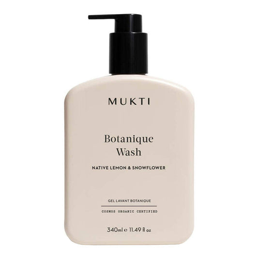 Mukti Botanique Wash bottle on a white background. Native lemon & snowflower body wash.