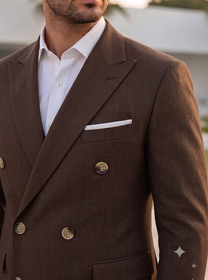 Brown Herringbone Double Breasted Blazer by Italian Vega®