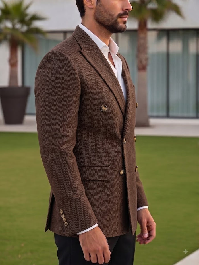 Brown Herringbone Double Breasted Blazer by Italian Vega®