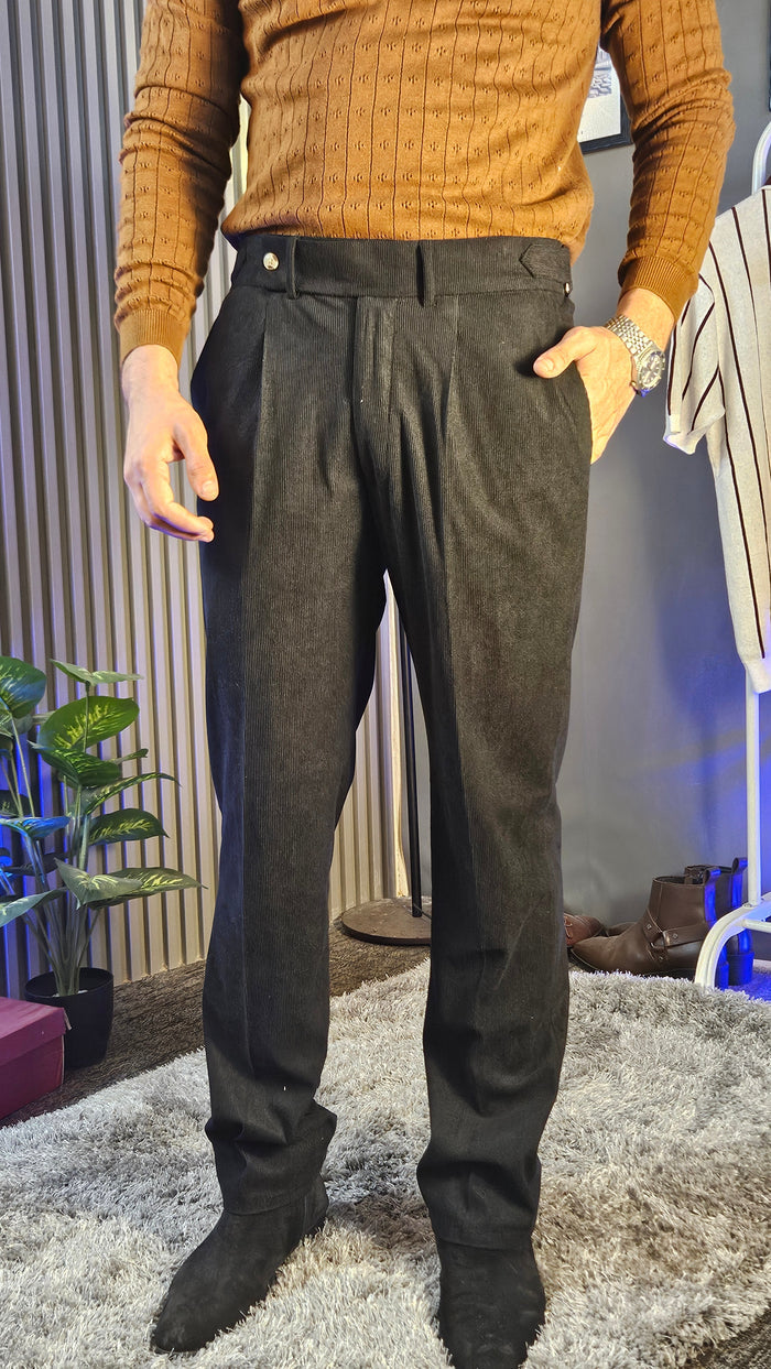Brown Wide Stripes Full Sleeves Knit Polo × Black Corduroy Oxford Gurkha Pant