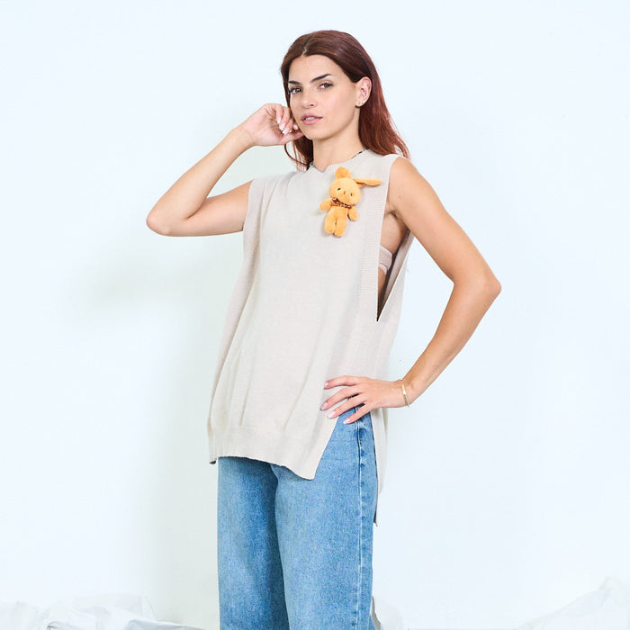 Bunny charm longline knitted vest with side slits wholesale