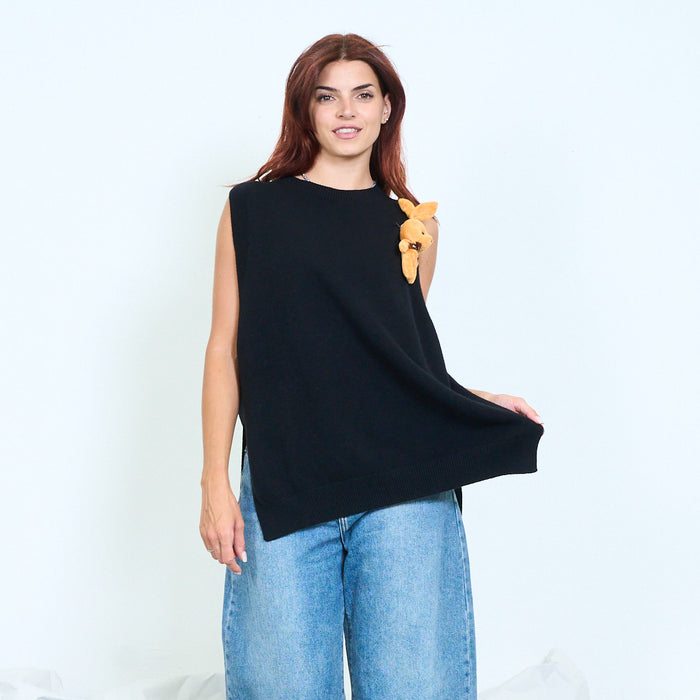 Bunny charm longline knitted vest with side slits wholesale