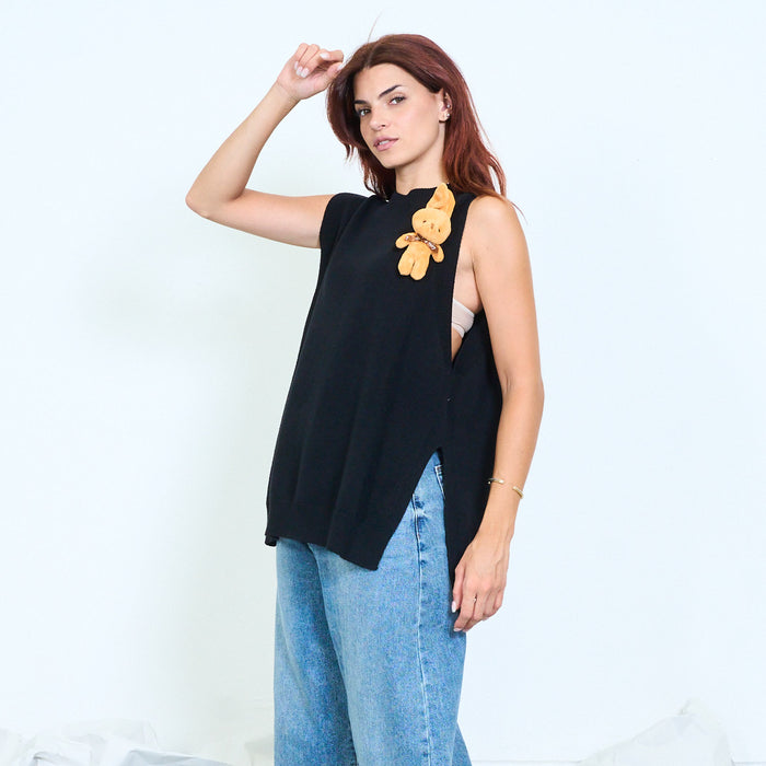 Bunny charm longline knitted vest with side slits wholesale