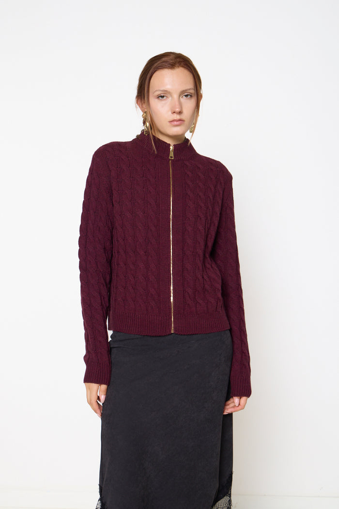 Cable-knit zip-front stand-collar sweater wholesale