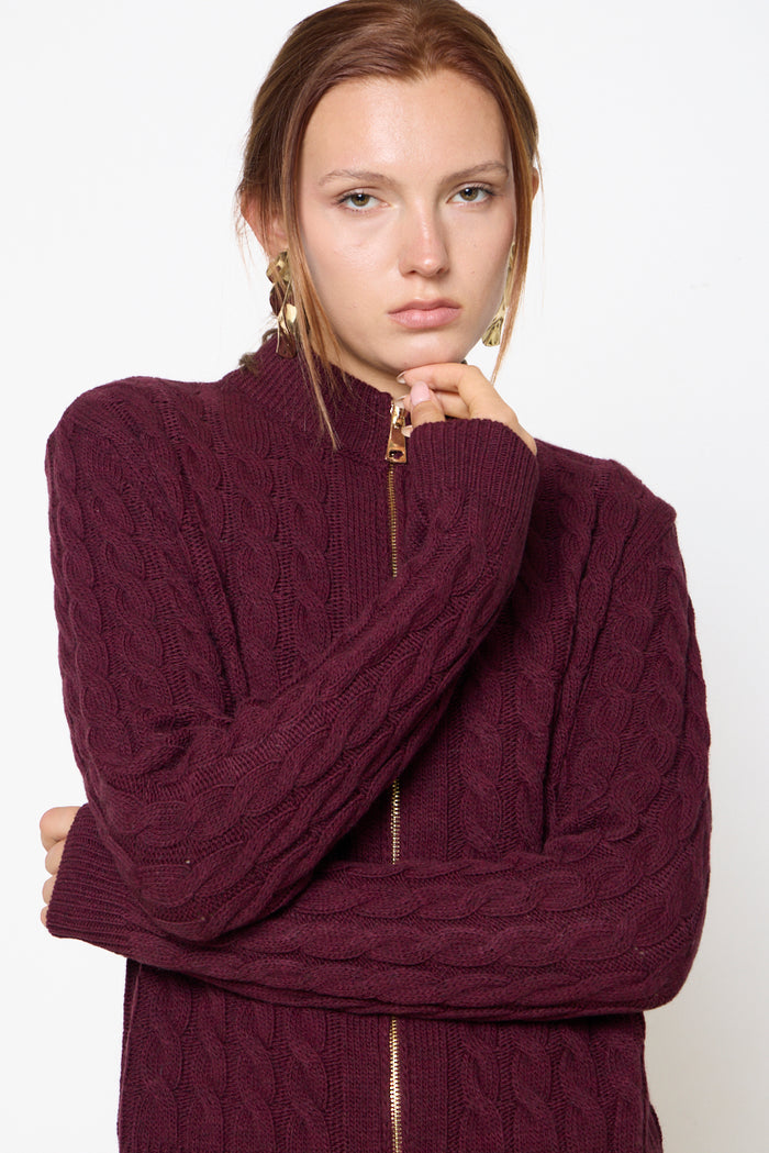 Cable-knit zip-front stand-collar sweater wholesale