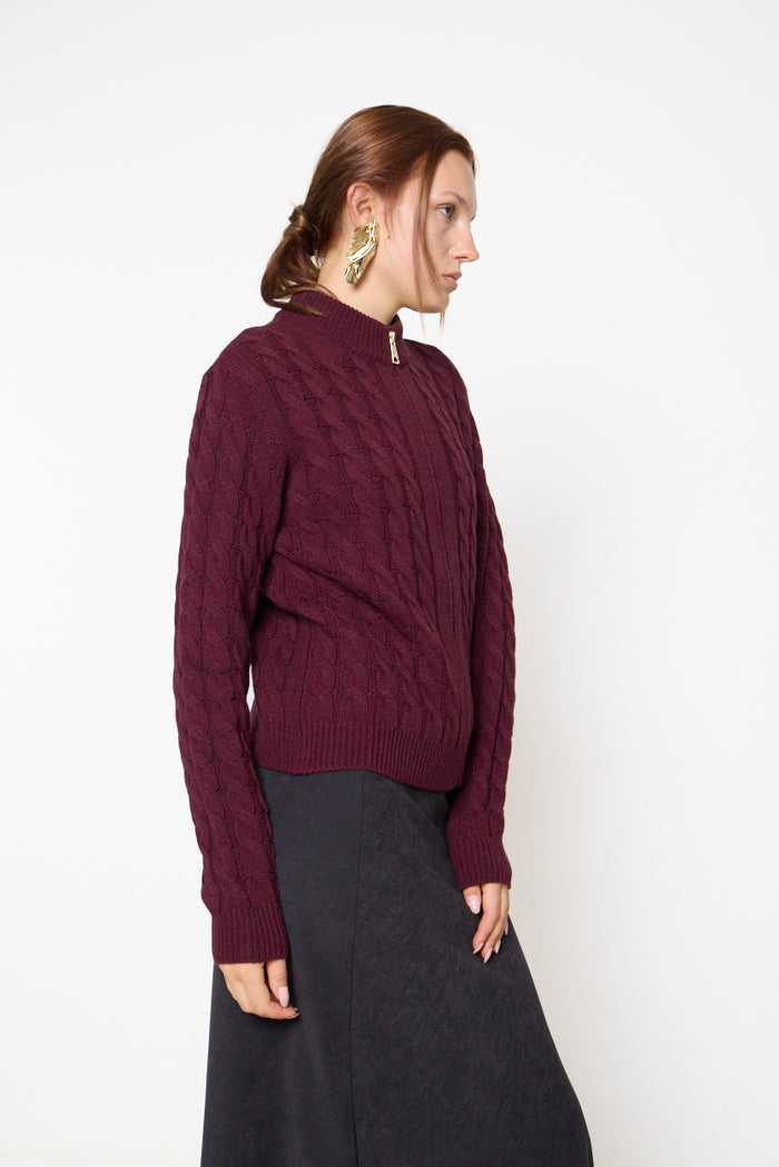 Cable-knit zip-front stand-collar sweater wholesale