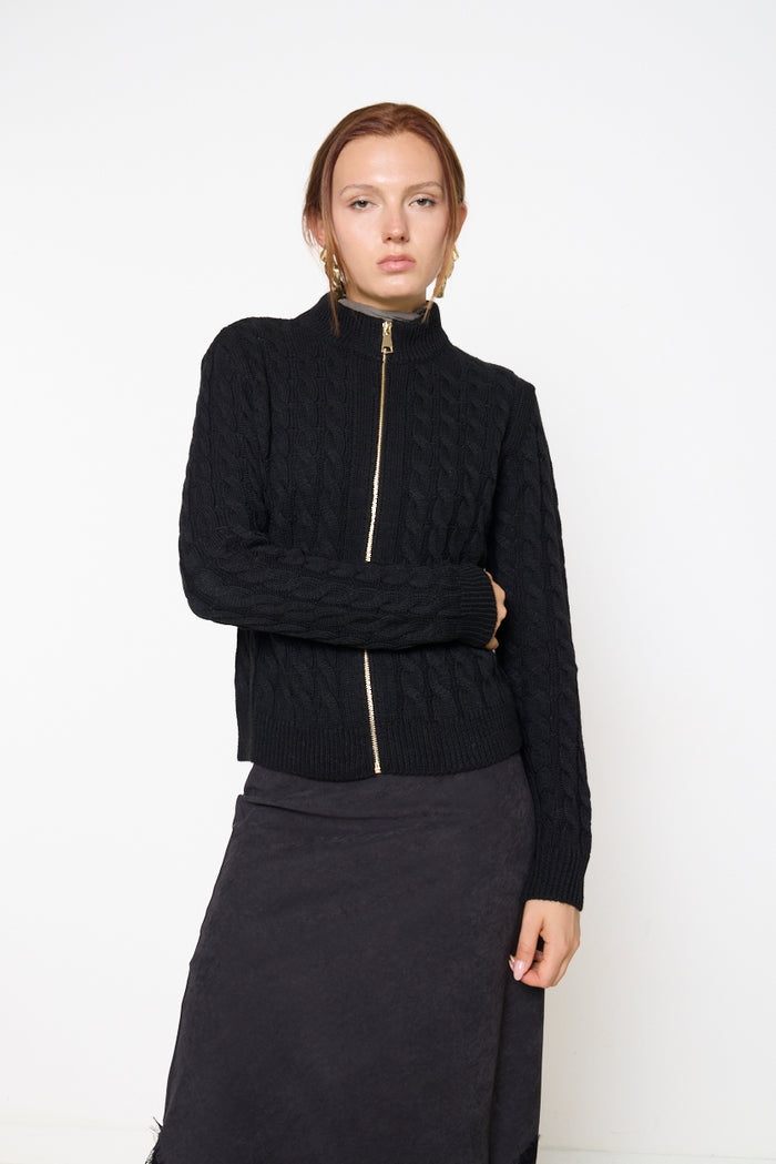 Cable-knit zip-front stand-collar sweater wholesale