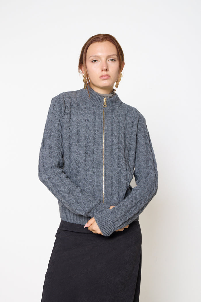 Cable-knit zip-front stand-collar sweater wholesale