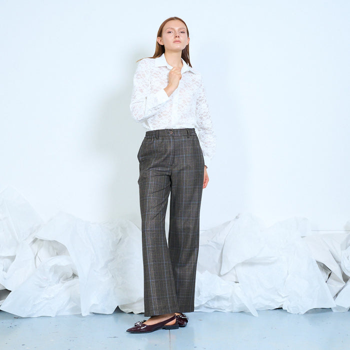 Checked wide-leg trousers with front button fastening wholesale