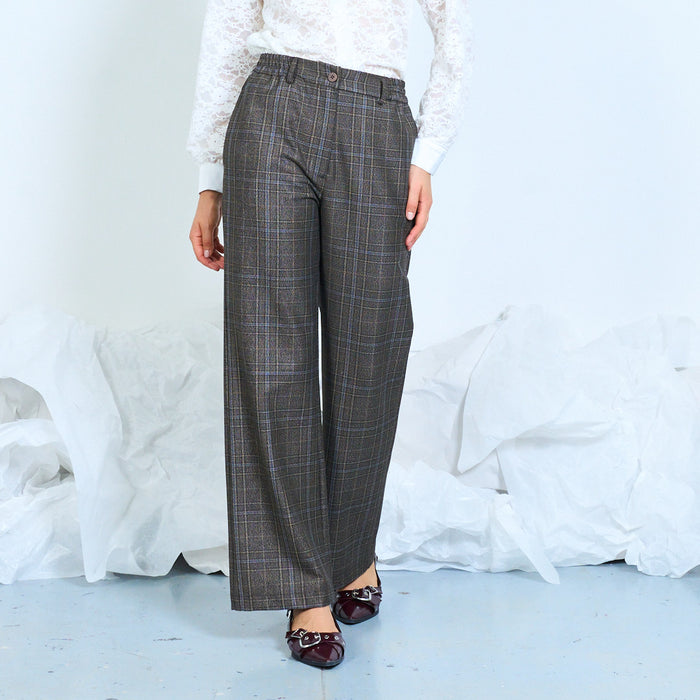Checked wide-leg trousers with front button fastening wholesale