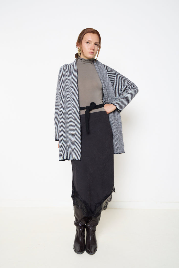 Chevron knit longline cardigan with shawl lapel wholesale