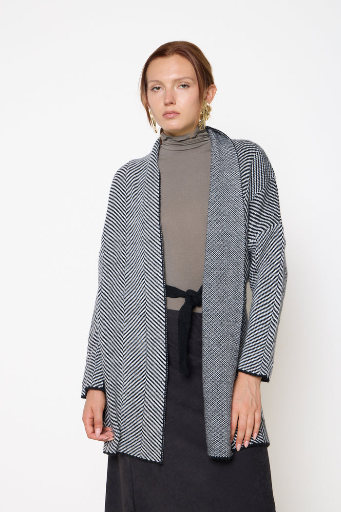 Chevron knit longline cardigan with shawl lapel wholesale