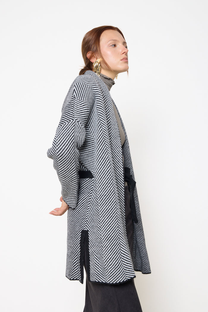 Chevron knit longline cardigan with shawl lapel wholesale