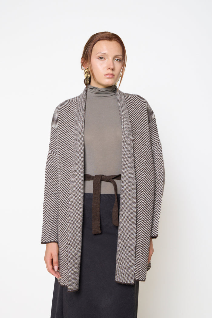 Chevron knit longline cardigan with shawl lapel wholesale