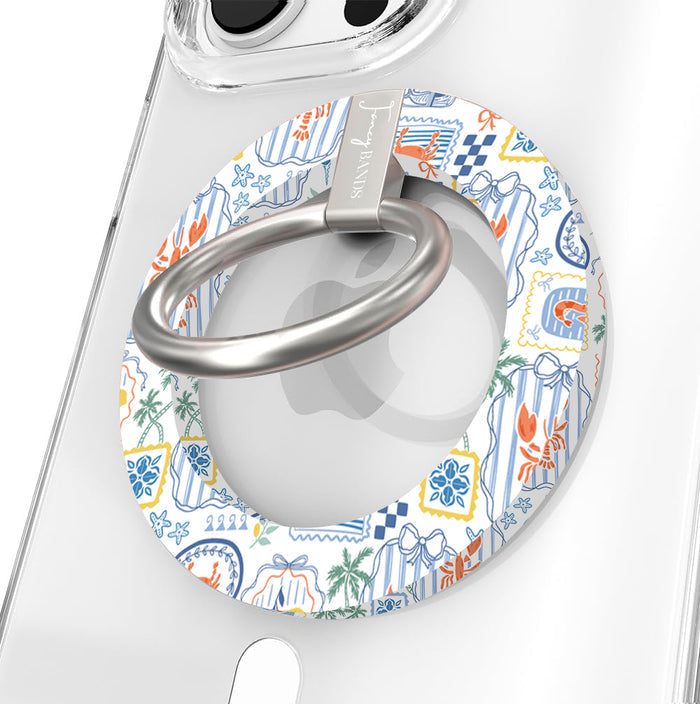 Coastal Catch MagSafe phone grip ring with orange lobster, blue stripes, and nautical postage stamp pattern compatible with iPhone and Samsung
