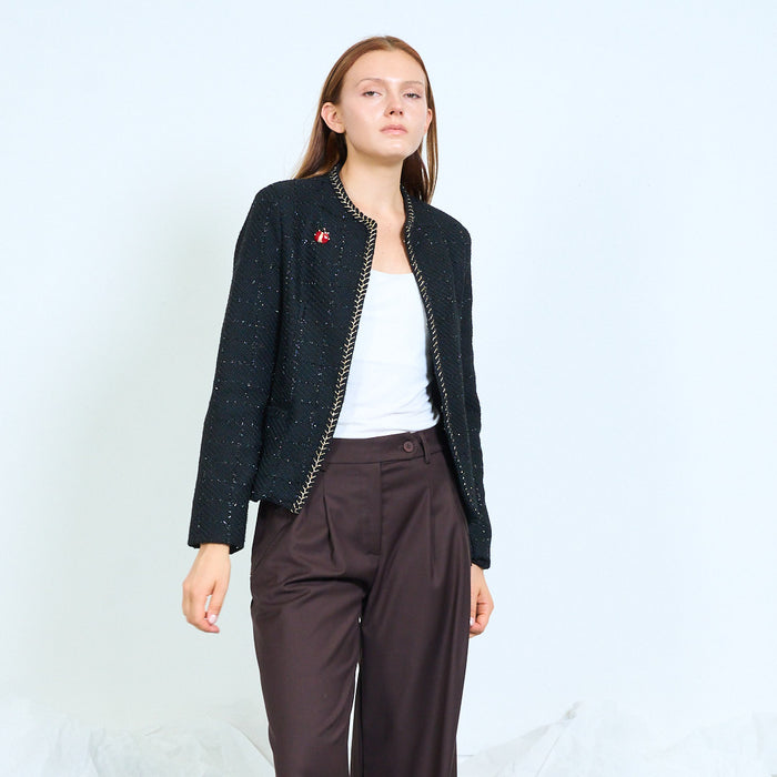 Collarless textured jacket with braided trim wholesale