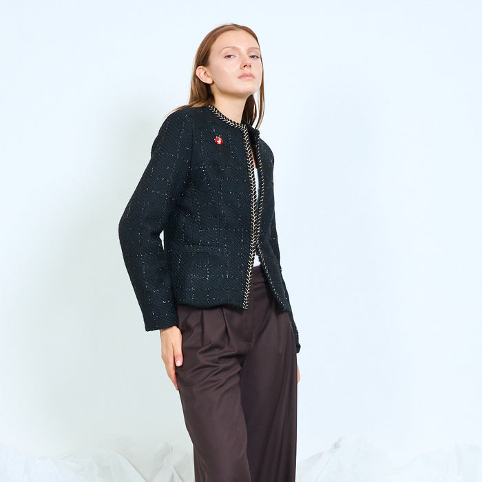 Collarless textured jacket with braided trim wholesale